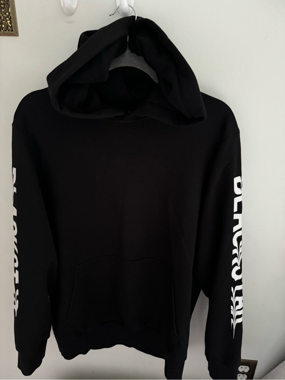 Unisex Black Pullover Hoodie with White Sleeve Graphics